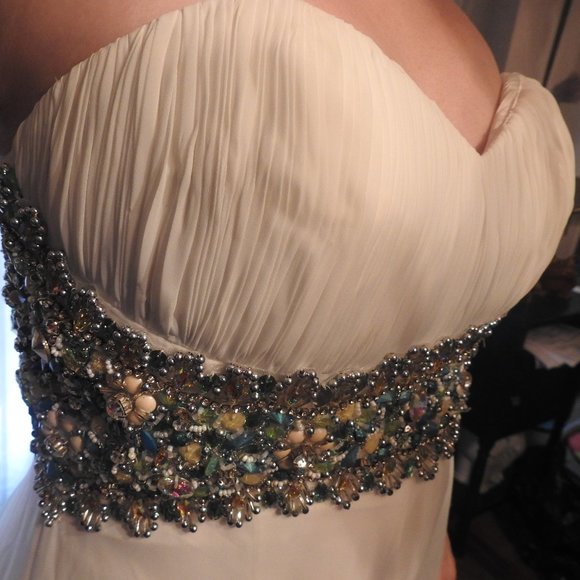 White Sherri Hill Jewel Encrusted Gown teal silver - Picture 2 of 15